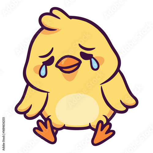 A cute cartoon yellow chick sitting and crying with tears streaming down its face, looking sad and upset.