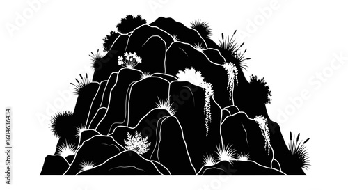 rocky mountain silhouette, cliff, plants, waterfall, nature, black and white illustration, graphic design element