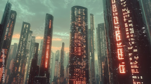 Futuristic city skyline at dusk, tall dark skyscrapers with glowing red neon signs.