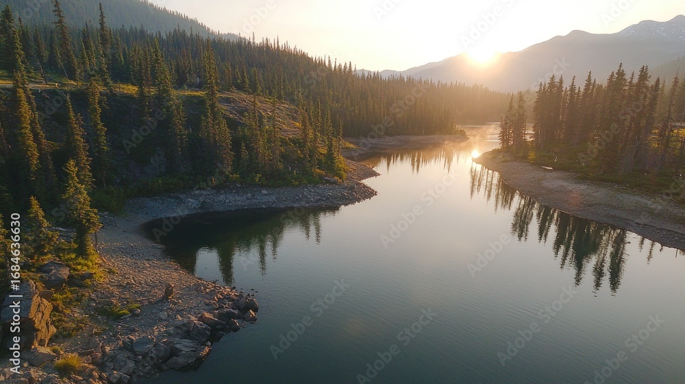 Fototapeta premium Sunrise over calm lake in a mountainous forest.