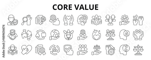 30 Core Value Line Icons Vector - Accountability, Transparency, Excellence, Empowerment, Collaboration, Adaptability, Quality, Passion, Ethical