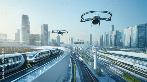 Futuristic city with flying vehicles and high-speed trains.