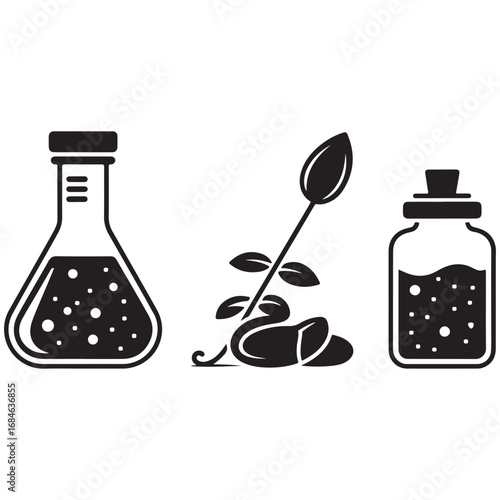 This illustration depicts a collection of science and chemistry icons featuring a variety of laboratory glassware like beakers, flasks, and test tubes filled with red liquid