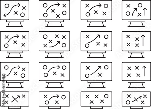 Fan celebration outline icon set. Sports supporter collection with foam finger, team flag, face paint, cheering crowd, and megaphone. Vector line art symbols.