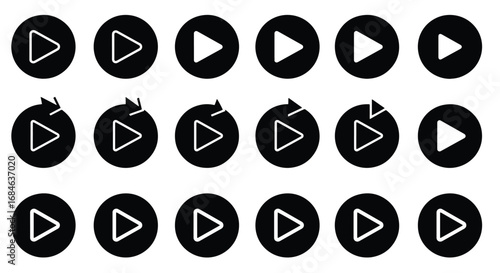 Collection of play button icons with arrows in circles, including repeat and rotate symbols.