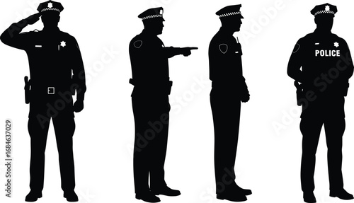 Police officer silhouettes saluting, pointing, standing – law enforcement vector illustration with uniformed cops in action poses, authority symbols.