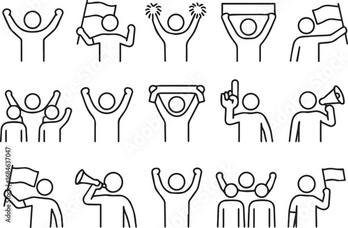 Cheering Crowd Icon Set Fans, Supporters, and Celebration Line Art