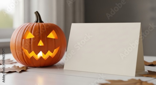 Get ready for a spooky celebration with this glowing jack-o'-lantern and blank card for a personal Halloween message