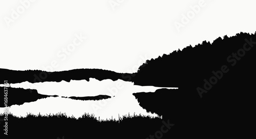 serene lake silhouette, forest, nature, peaceful landscape, black and white illustration, minimalist art, calm water, tranquil scene, scenic view, outdoor, monochrome, simple design, elegant, artistic