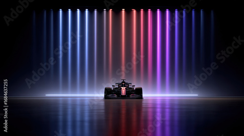 A stunning formula 1 race car set against a dynamic and colorful light display.
