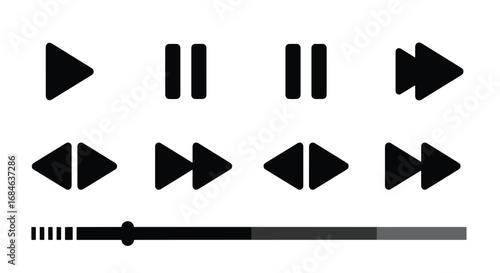 Media player control icons: play, pause, skip, rewind, and volume slider.