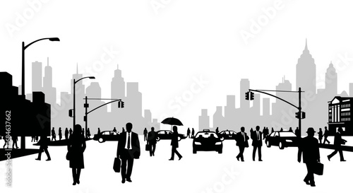 silhouette city street busy urban commute, business people, cityscape
