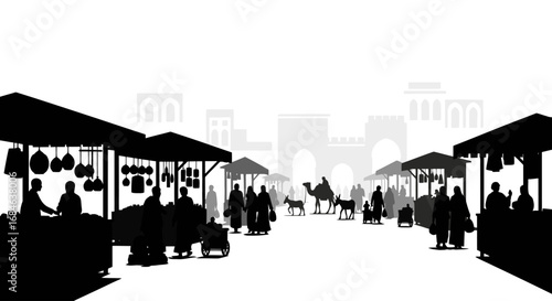 silhouette of a bustling marketplace, camel, donkey, people shopping, and middle eastern architecture