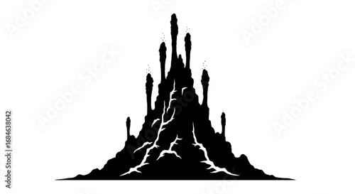 silhouette of a dark fantasy castle, rocky mountain, mysterious peak, magical towers, gothic architecture