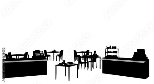 silhouette of a cafe interior tables, chairs, counter, cash register, shelves, and food display