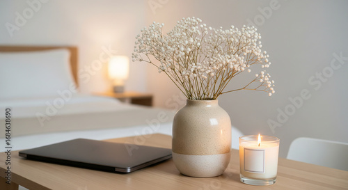 Wallpaper Mural Minimal Calm Corner, A cozy bedroom scene with flowers, candle, and soft light—evoking peace, clarity, and mindful living. Torontodigital.ca