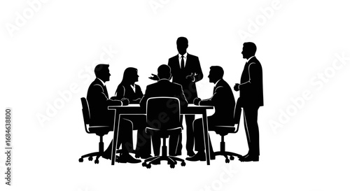 silhouette of businesspeople in meeting, corporate teamwork, office discussion, strategy session
