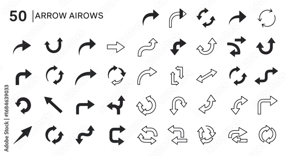 Naklejka premium Collection of 50 different arrow designs in black and white.
