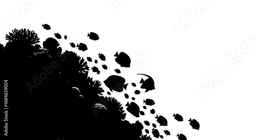 silhouette of fish school and coral reef underwater scene, ocean life, marine wildlife