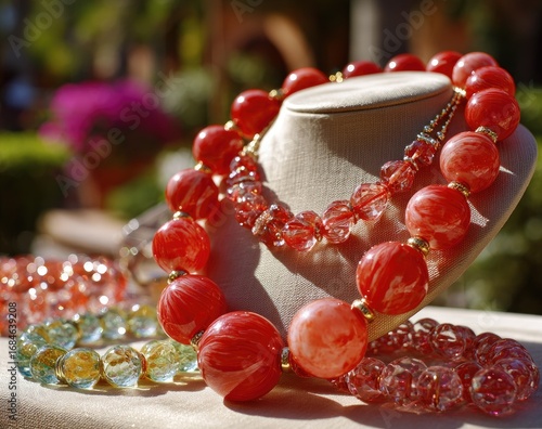 Red and clear beaded necklaces on mannequin