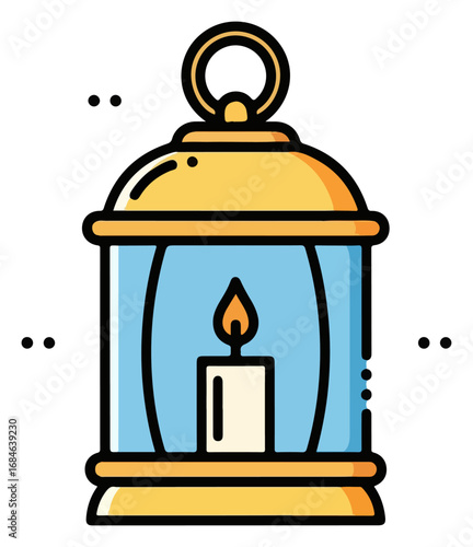 Detailed illustration of a lit candle inside a lantern.