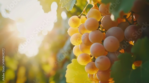 Sunlit bunch of ripe white grapes on the vine.