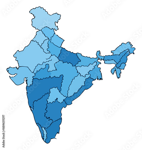 Detailed map of India highlighting states and geographical divisions.