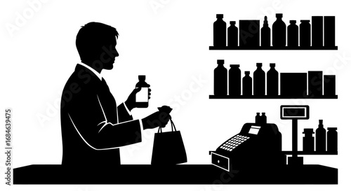 silhouette of man buying medicine at pharmacy counter, cash register, drugstore, health