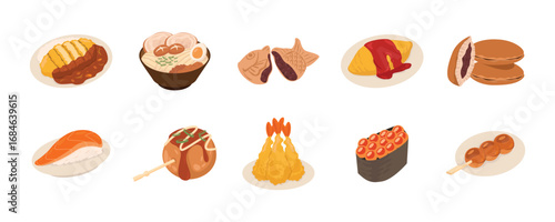 Various Traditional Japanese Dishes and Snacks in Cartoon Style. Japanese Food Vector Set, Japanese Dishes Illustration Collection