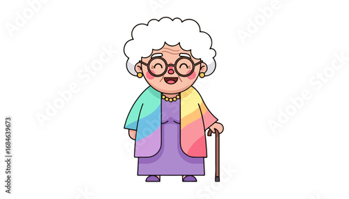 Cartoon grandmother with glasses and a cane smiling happily.