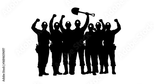silhouette of seven miners with shovel, celebrating victory, teamwork, unity