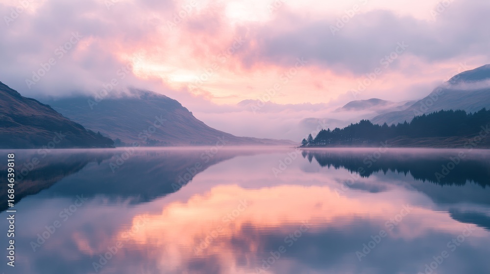 Obraz premium 51.A breathtaking morning sunrise casting golden hues over a calm lake, where soft pink clouds drift across the sky. The water reflects the pastel colors, creating a perfectly symmetrical mirror
