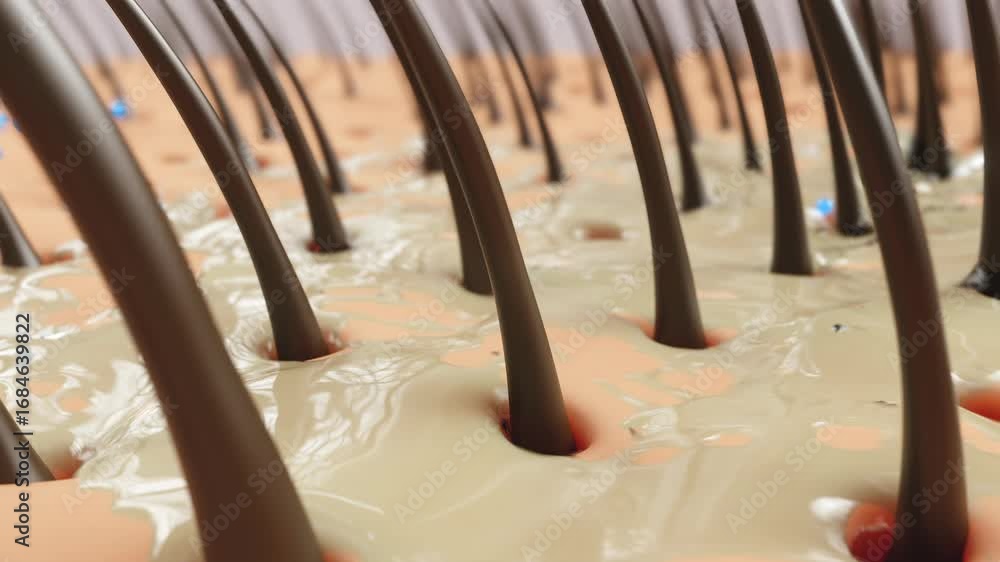 3D animation of scalp cleansing. Shampoo and water wash away dandruff, oil and sebum around hair follicles, leaving scalp clean, fresh and healthy. Ideal for shampoo, hair care and beauty ads.