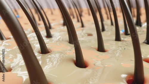 3D animation of scalp cleansing. Shampoo and water wash away dandruff, oil and sebum around hair follicles, leaving scalp clean, fresh and healthy. Ideal for shampoo, hair care and beauty ads.
