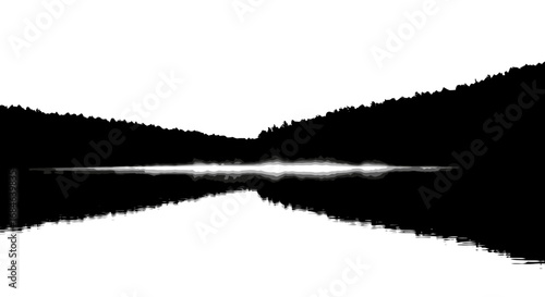 silhouette of trees on lake at dawn, monochrome landscape, peaceful nature scene, tranquil waters, serene reflection
