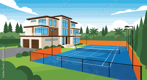 Luxurious modern mansion with private tennis court and lush green landscaping