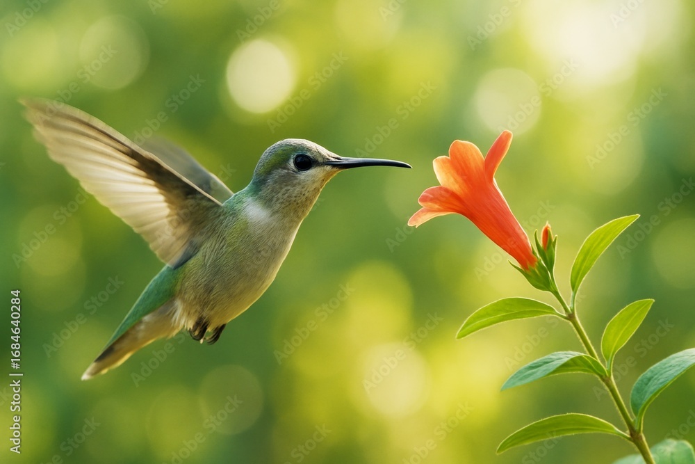 Obraz premium Hummingbird hovering mid-air and feeding from a vibrant orange flower with wings spread wide against a lush green blurred background in daylight. Ai generative
