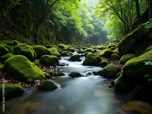 waterfall in t
hJungle Stream with Mossy Rocks