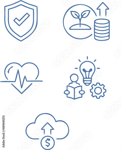 Secure growth, health, and innovative learning icons representing business success and development strategies