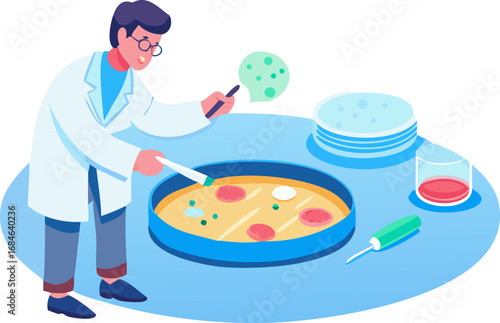 Microbiologist researching microorganisms with petri dish flat illustration