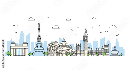 Iconic European landmarks create a vibrant, modern cityscape for travel inspiration and global connection.