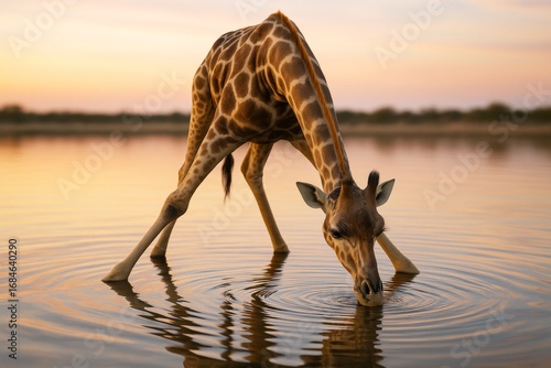 Fototapeta Naklejka Na Ścianę i Meble -  Giraffe drinking water at sunset in tranquil lake with warm light and soft background, showcasing animal behavior and peaceful natural scenery. Ai generative