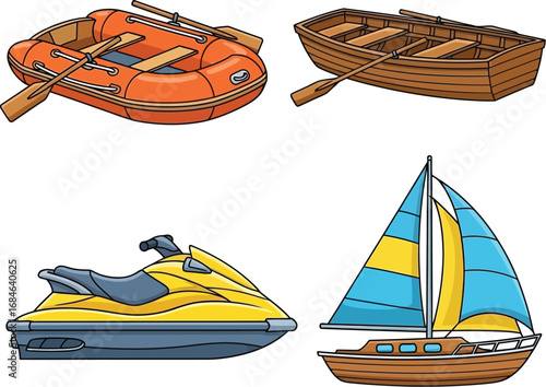 Cartoon Illustrations of Inflatable Boat, Rowboat, Jet Ski, and Sailboat for Marine Transportation Education

