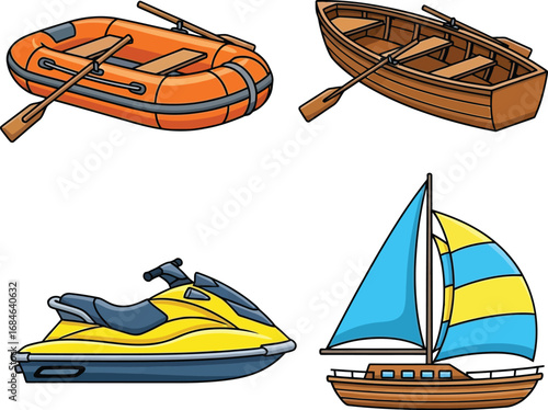 Cartoon Illustrations of Inflatable Boat, Rowboat, Jet Ski, and Sailboat for Marine Transportation Education


