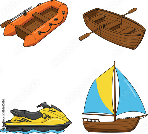Cartoon Illustrations of Inflatable Boat, Rowboat, Jet Ski, and Sailboat for Marine Transportation Education

