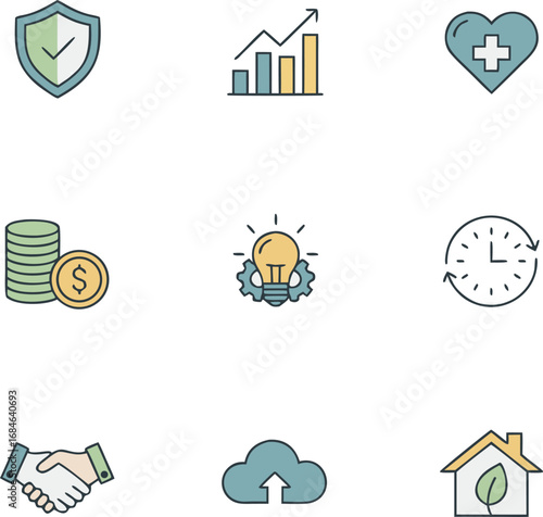Business icons for finance, growth, health, ideas, time, partnership, cloud, and eco-friendly concepts