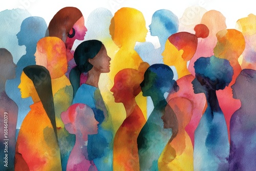 Colorful abstract watercolor painting of diverse silhouettes showcasing unity and diversity in a vibrant artistic expression of human connection