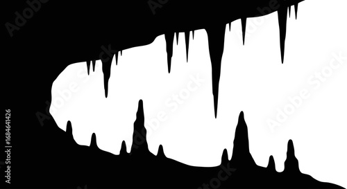 stalactites and stalagmites cave silhouette, dark mysterious cave interior, rock formations illustration