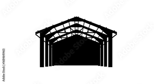 steel structure building, industrial shed, warehouse, construction, silhouette, icon, design, architecture, blueprint, frame, beams, columns, support, industrial, factory, modern, simple, elegant
