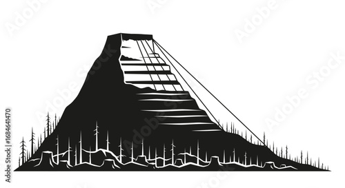 steep mountain peak with cable car, black and white illustration, nature, adventure, travel